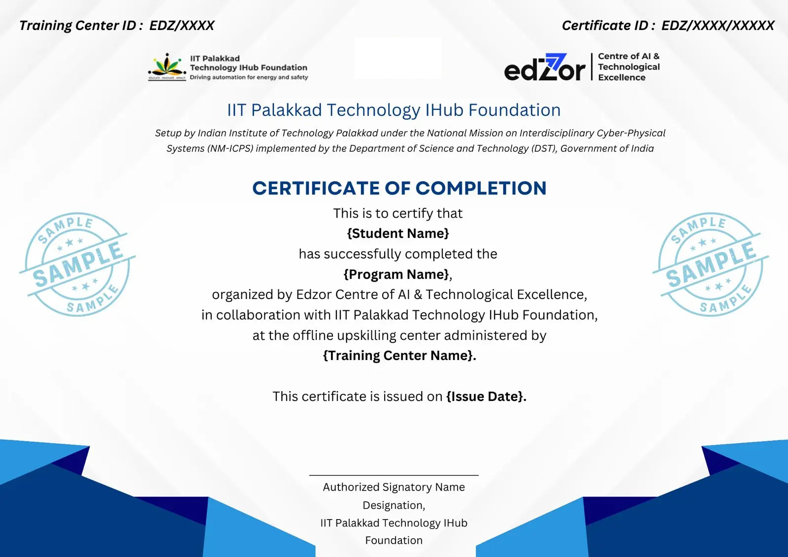 Sample Certificate of Completion — jointly issued by IIT Palakkad Technology IHub Foundation and Edzor Centre of AI & Technological Excellence